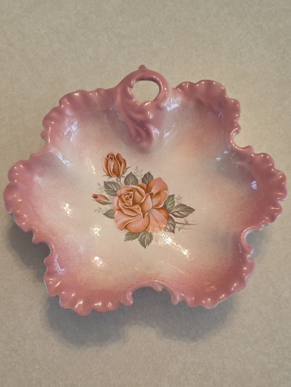 Vintage Pink Floral Ceramic Bowl with Handled Ruffle Edge